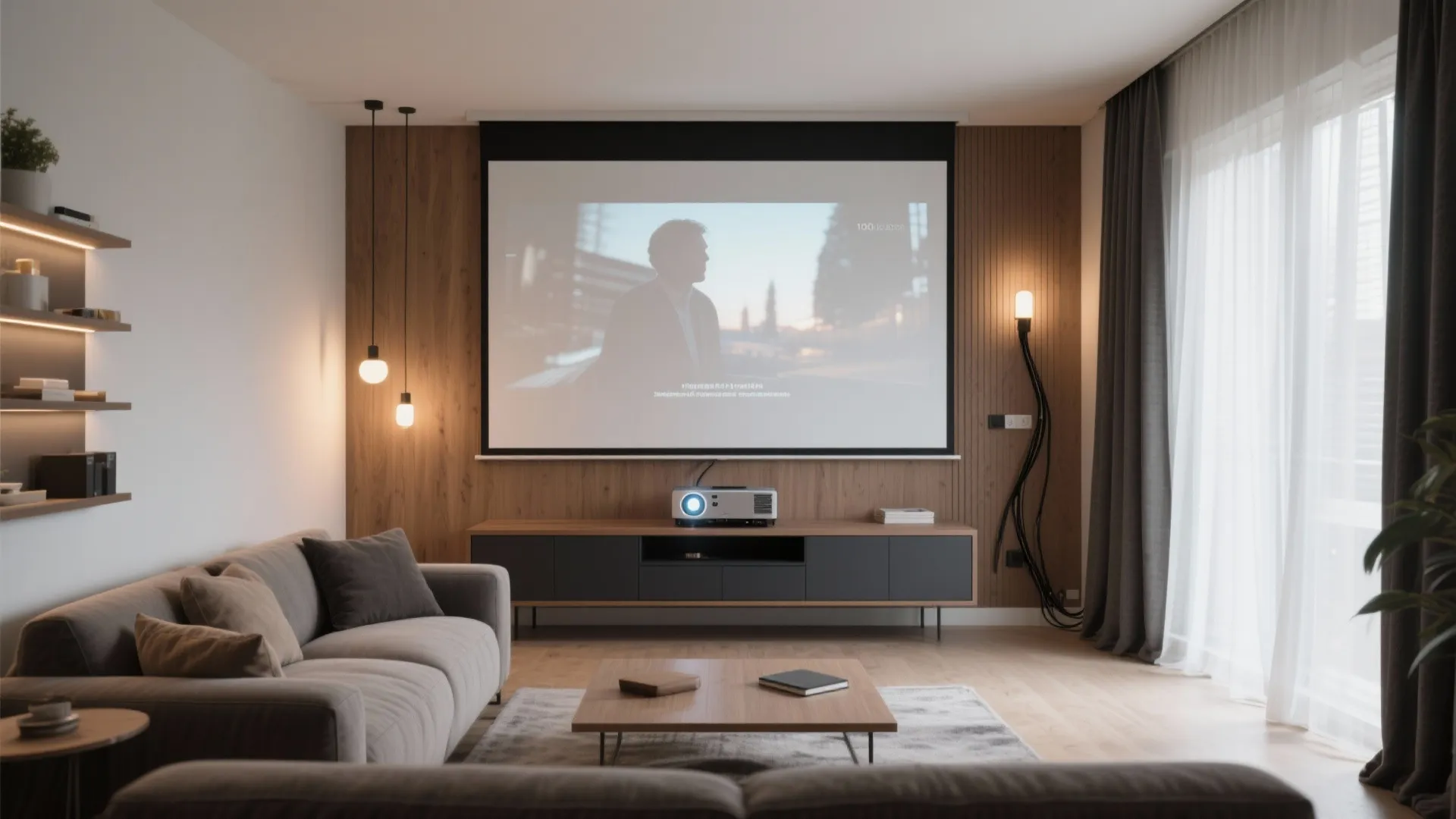 Modern living room with projector on cabinet large screen wood paneling grey sofa and windows