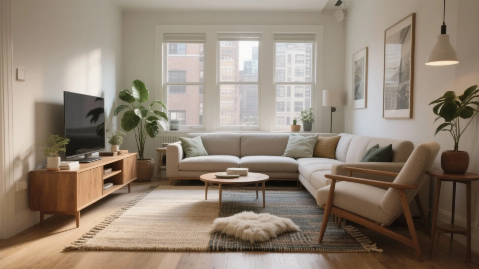 Modern living room with corner sofa, wooden cabinet, large rug, green plants and city windows