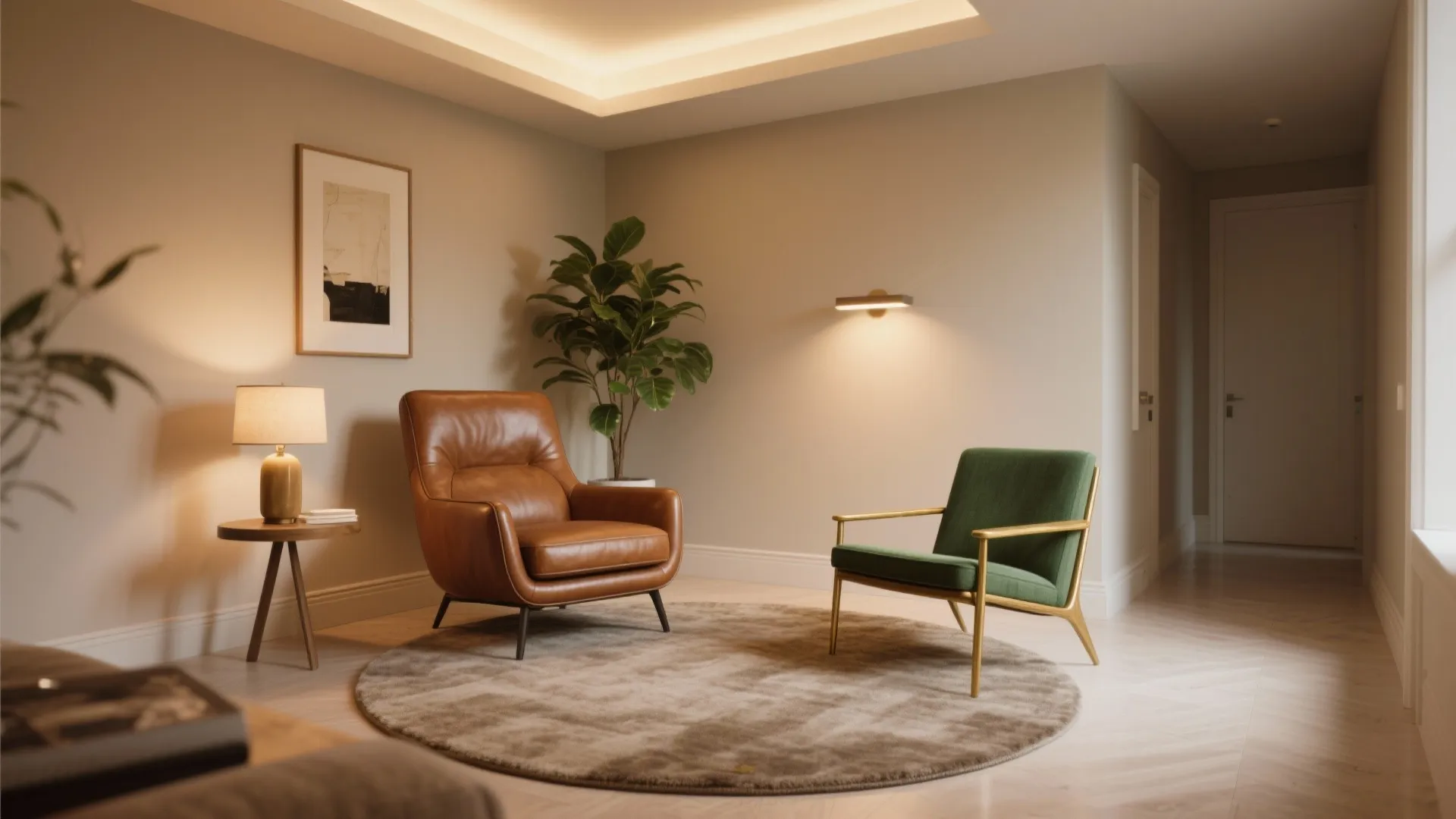 Modern cozy living room with leather armchair green chair round rug wall light and plant
