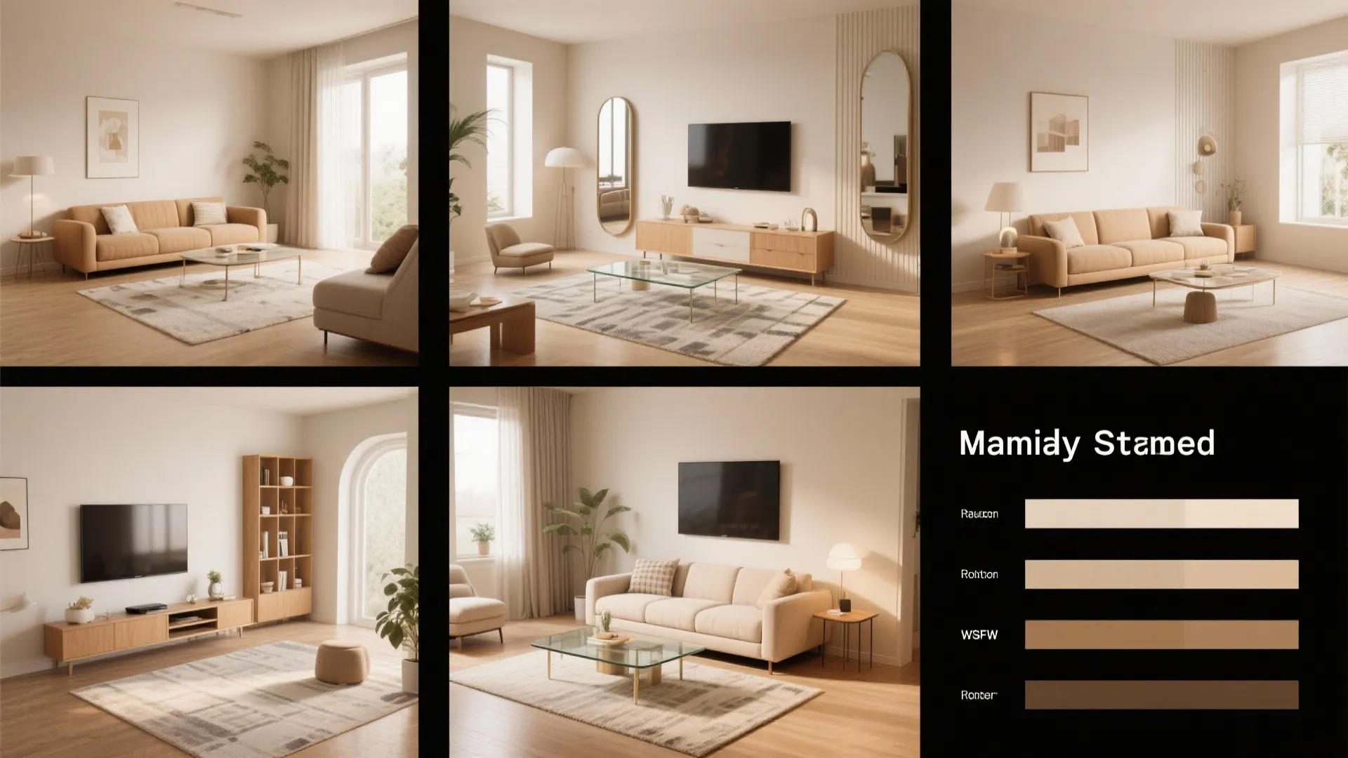 Top-down montage of a storage sofa, mirror and glass table, rug zoning, media wall, and neutral palette.