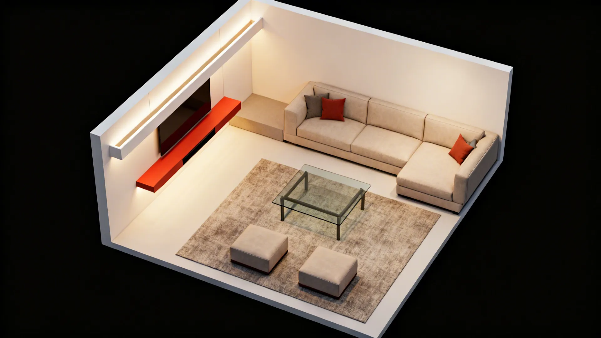 Interior design drawing showing a small living room with beige sofa red cabinet and rug