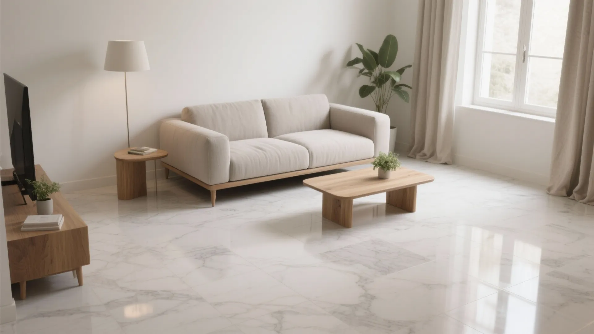 Bright modern living room with beige sofa wooden coffee table white marble floor and floor lamp