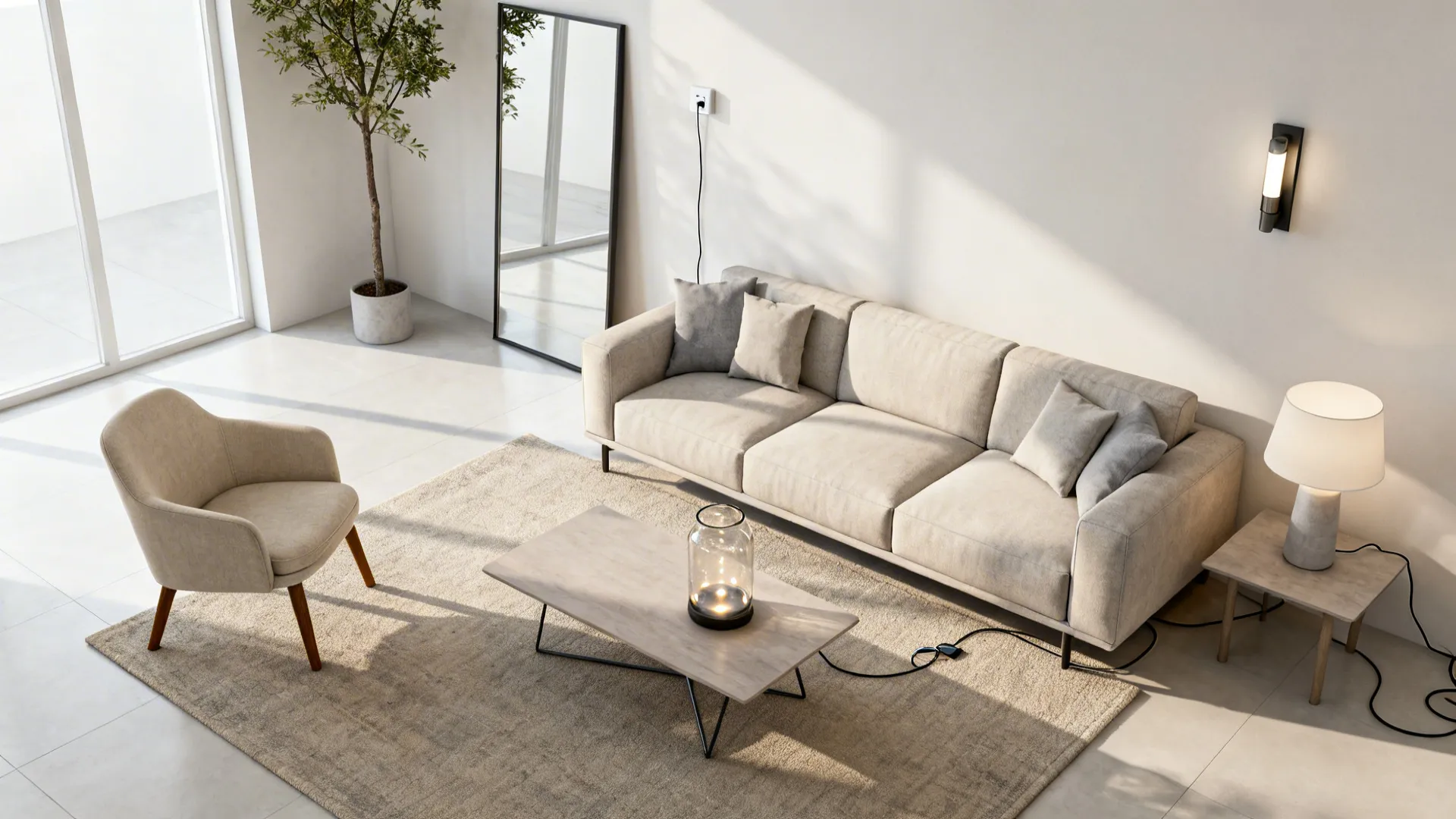 Top-down layout showing an oversized rug, slim tree, and layered lighting points.