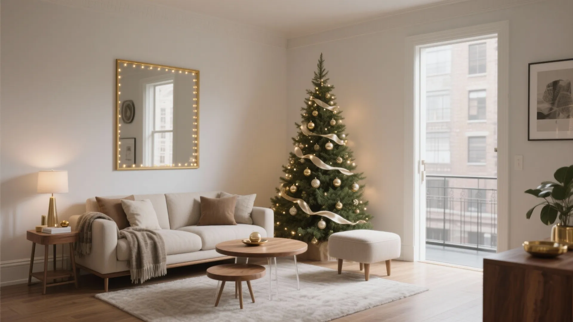 Cozy living room interior design featuring a decorated Christmas tree next to a white sofa