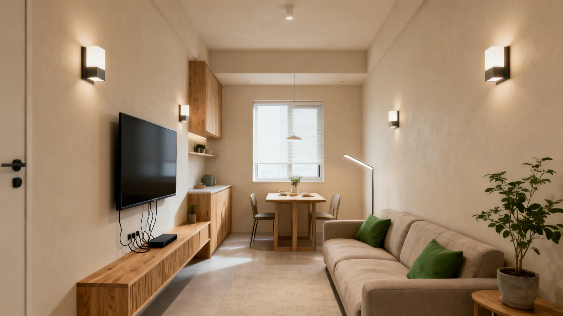 Minimalist living room with wooden cabinet, wall lights, beige sofa, green pillows, and small dining table