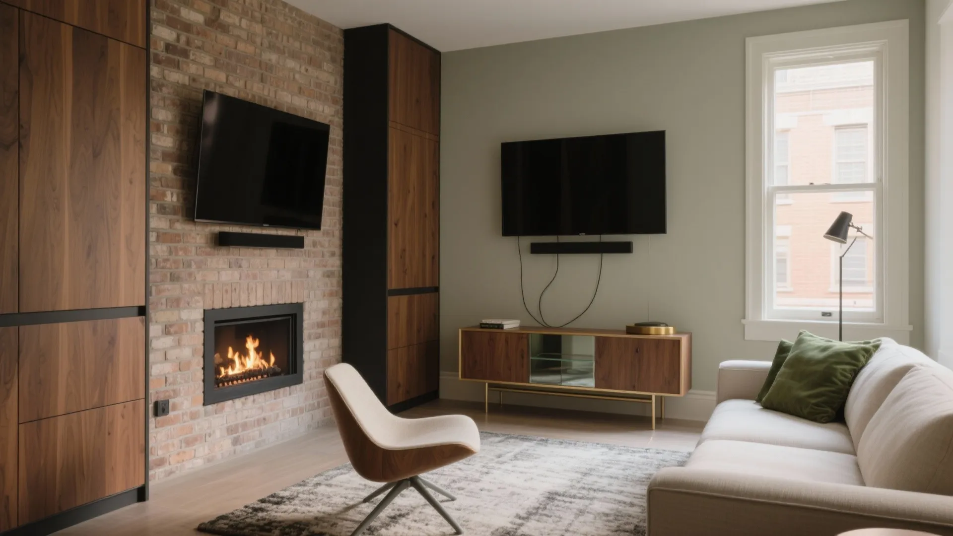 Modern living room featuring brick wall fireplace wood cabinets wall mounted tv and comfortable white sofa