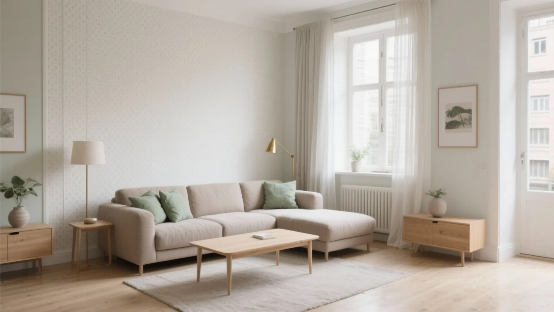 Bright living room with beige sofa green pillows wooden coffee table and white patterned wallpaper