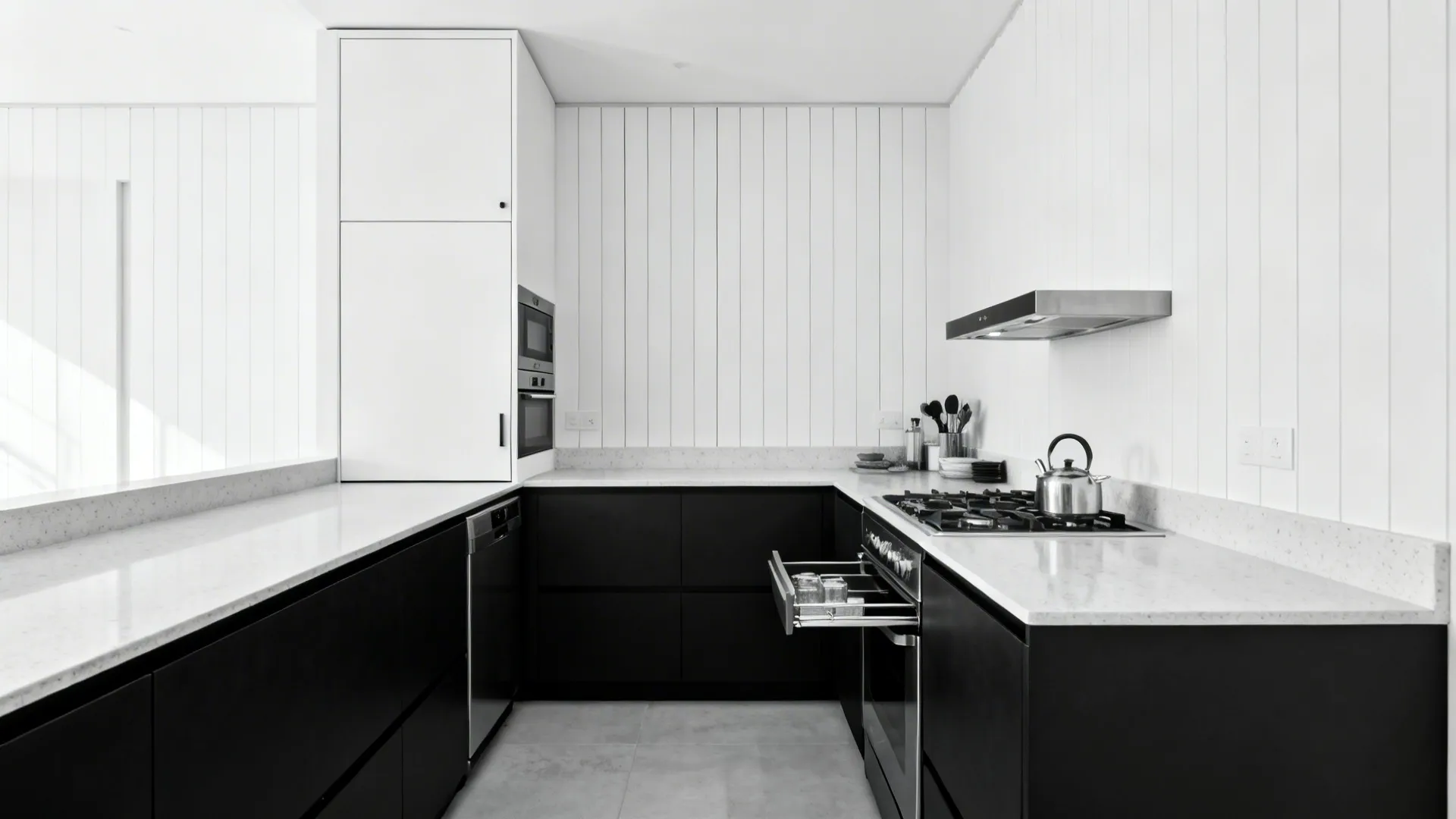 Small L-shaped black-and-white kitchen with a tall white pantry and black base run.