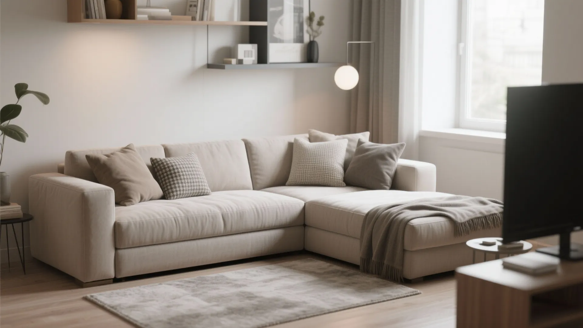 Modern cream l-shaped sofa with pillows and blanket in a bright living room with window