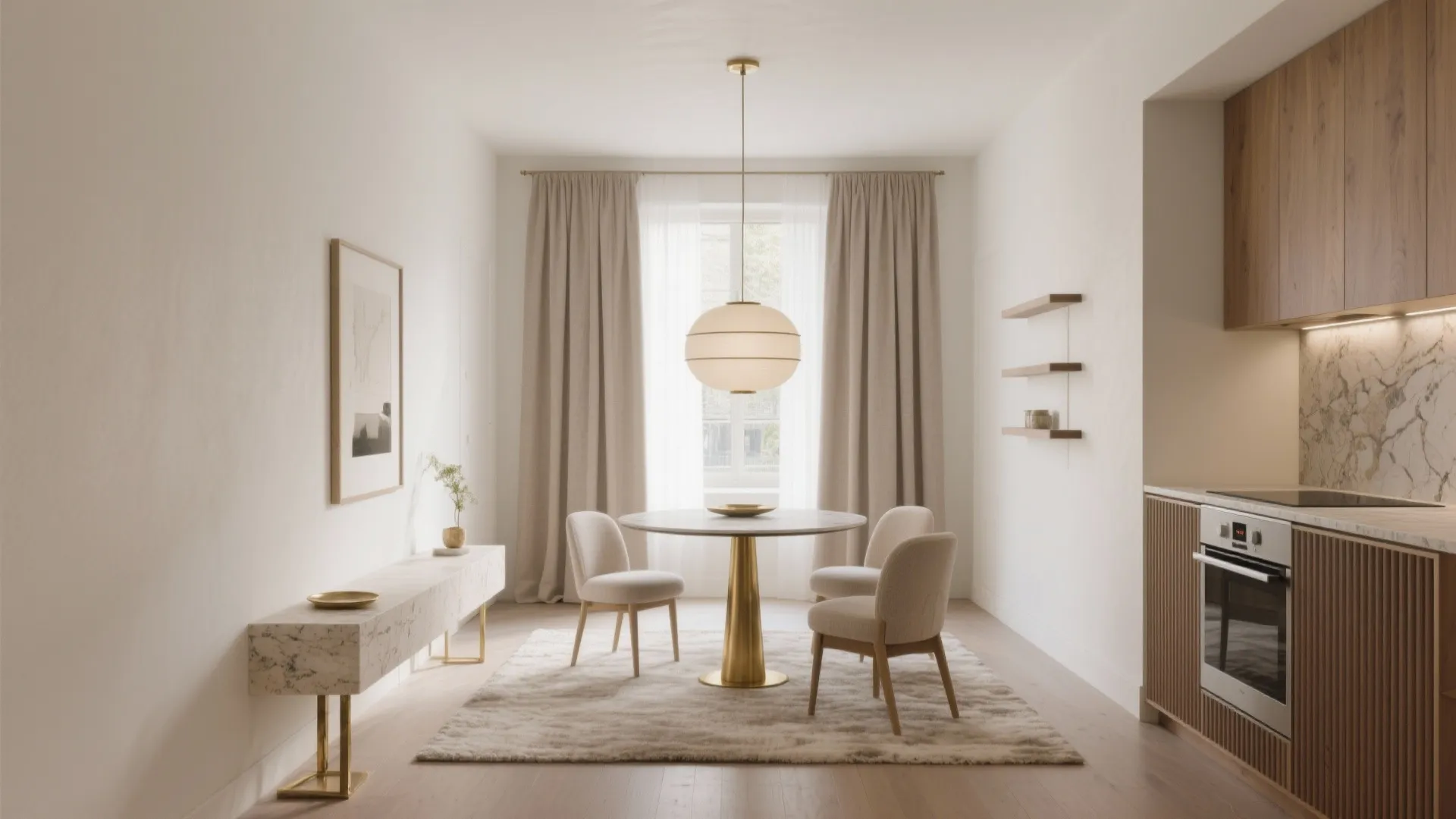 Elegant dining area featuring round table white chairs round ceiling light and long marble cabinet