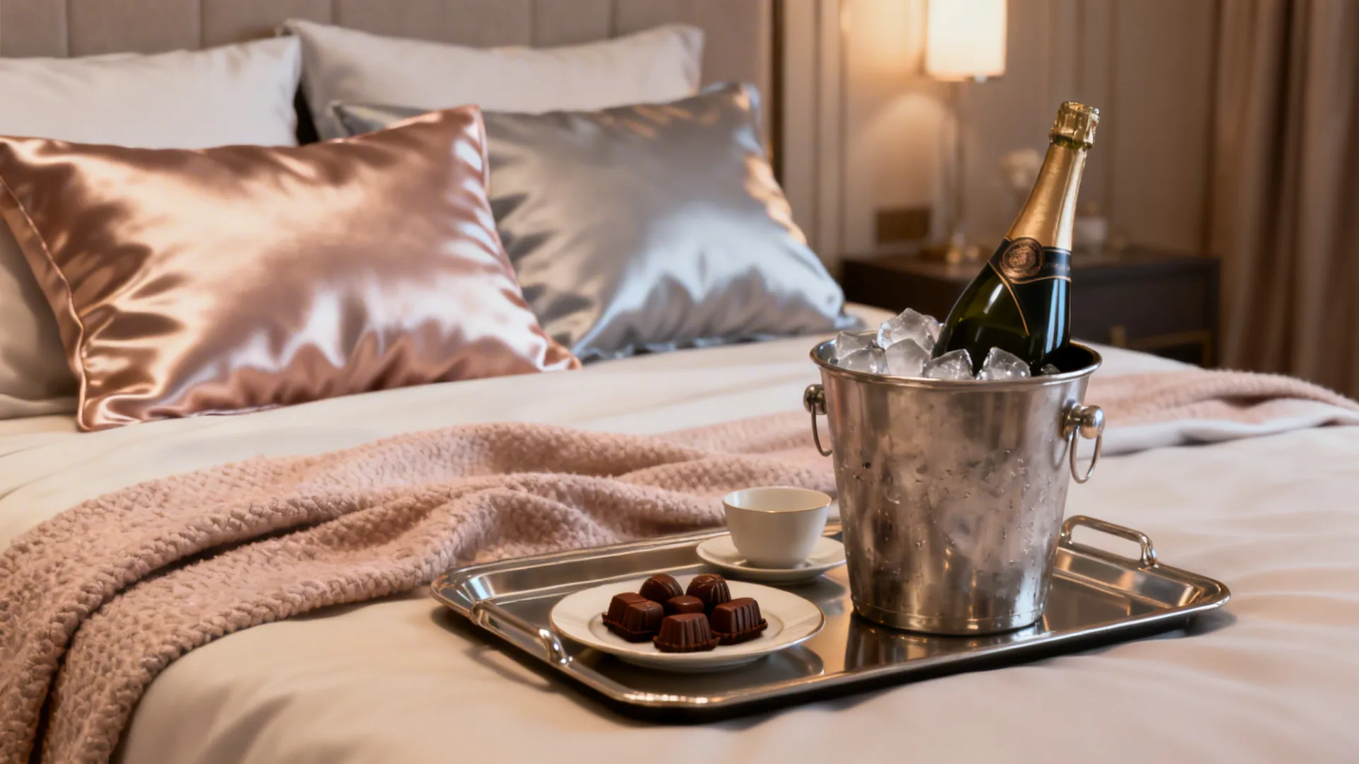Bedside tray with chocolates and a chilled bottle, satin pillows and a soft throw in the background.