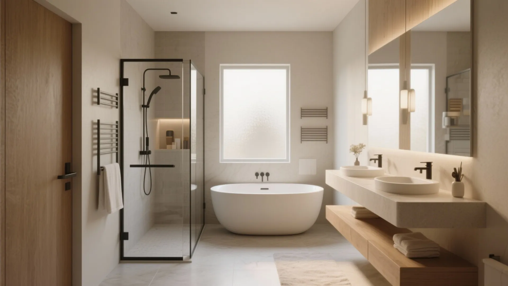 Luxury bathroom interior featuring white bathtub glass shower door double sinks wood vanity and bright window