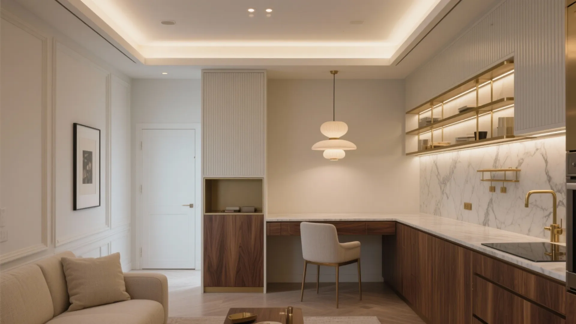 Modern home office with wood desk white chair ceiling light and marble kitchen counter top