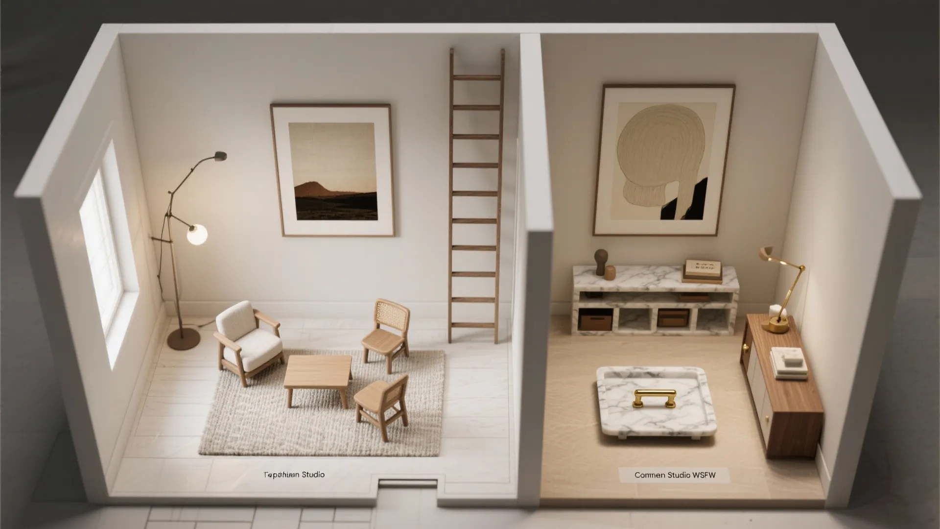Interior design drawing showing a small room layout with floor lamp wooden chairs and cabinet