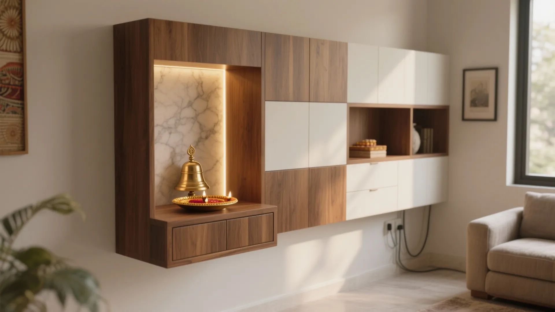 Modern wooden wall cabinet with integrated lighting marble background and small brass bell in living room