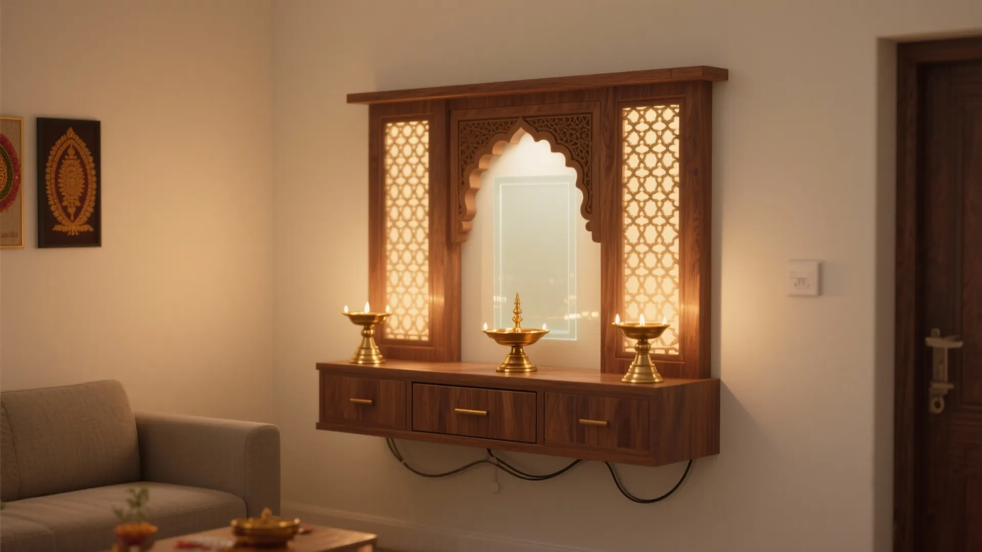 Modern wood wall cabinet with lights and brass decorations in a neutral living room space