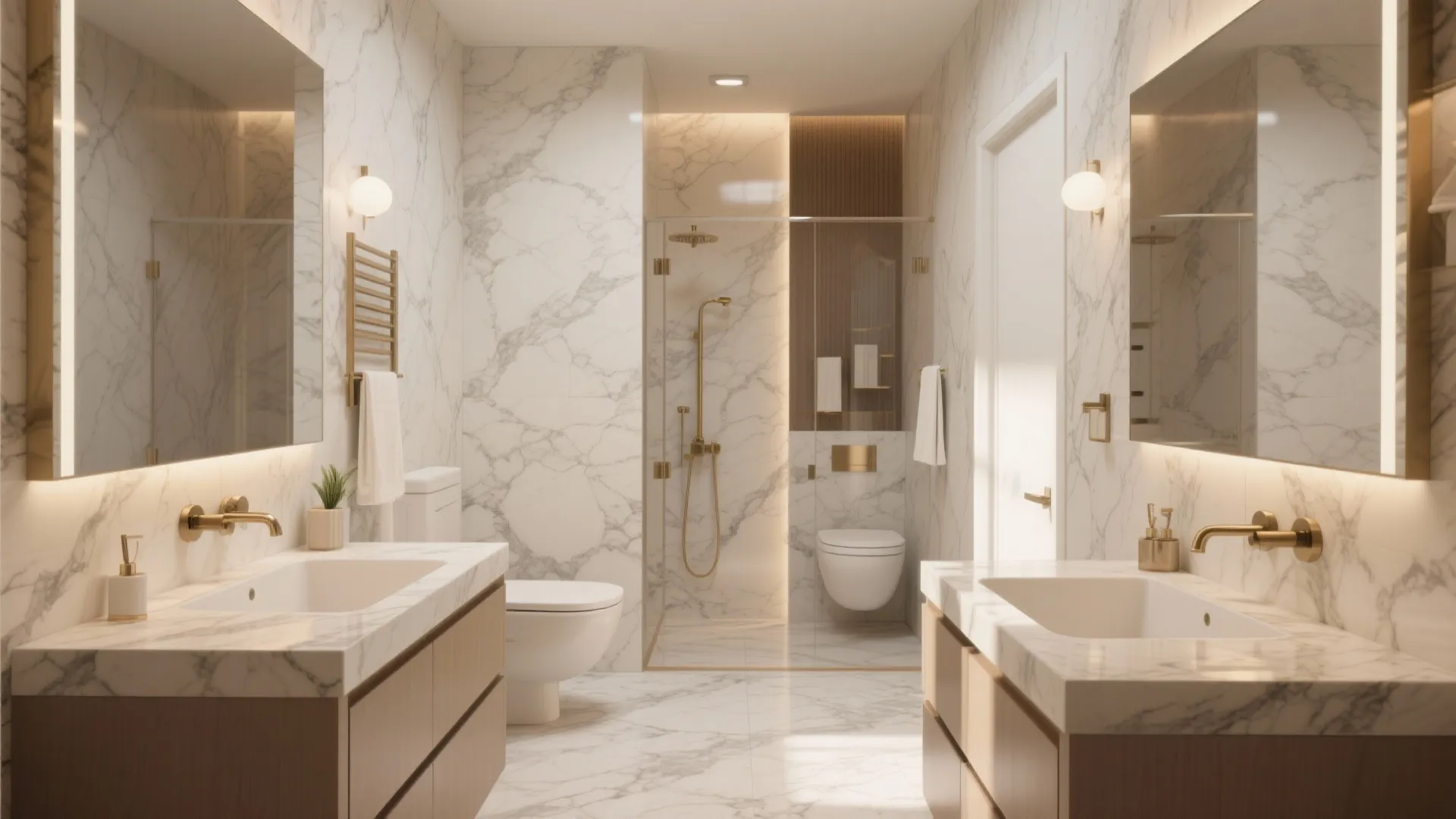 Modern luxury bathroom featuring white marble walls gold faucets wooden cabinets and glass shower room design