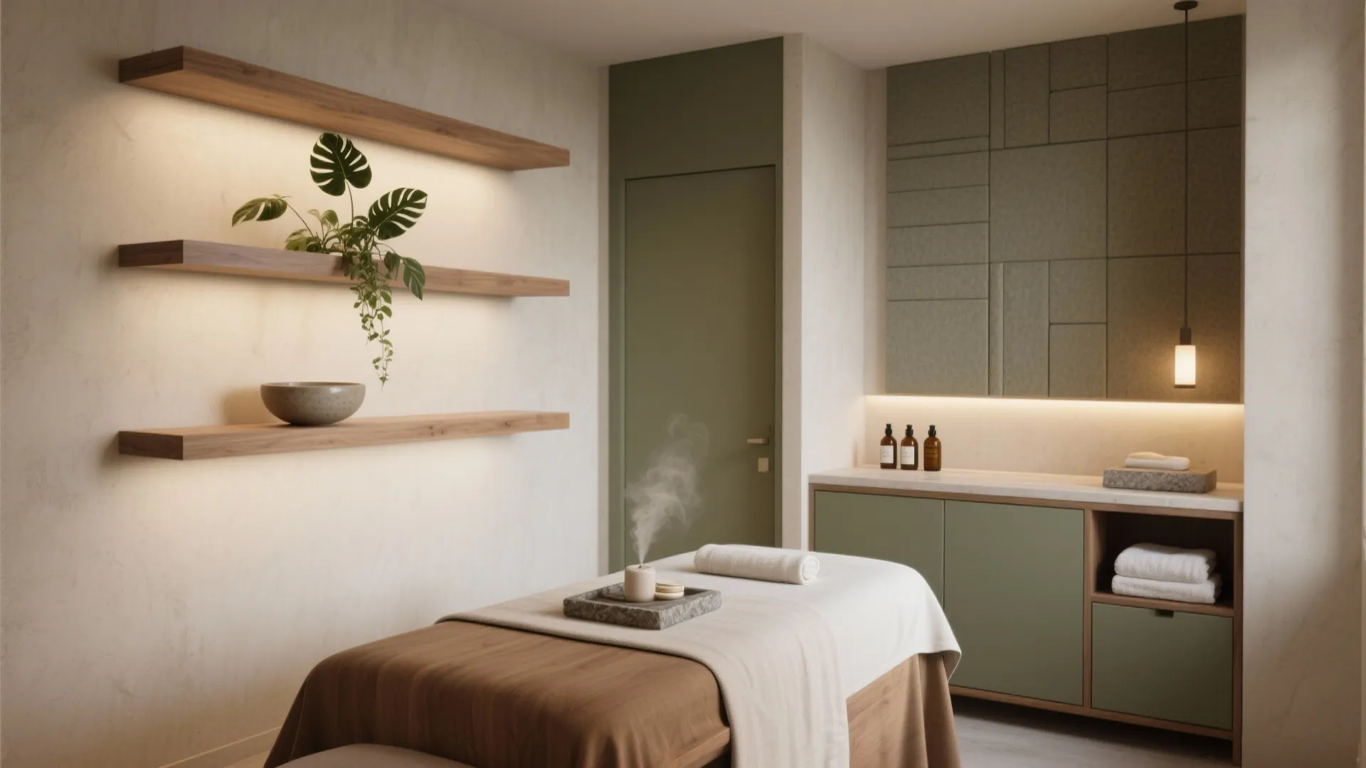 Spa room with a massage bed green cabinets wooden wall shelves and soft warm lighting
