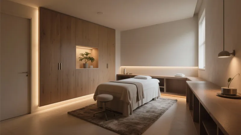 Serene Spa Room with Warm Wood and Ambient Lighting