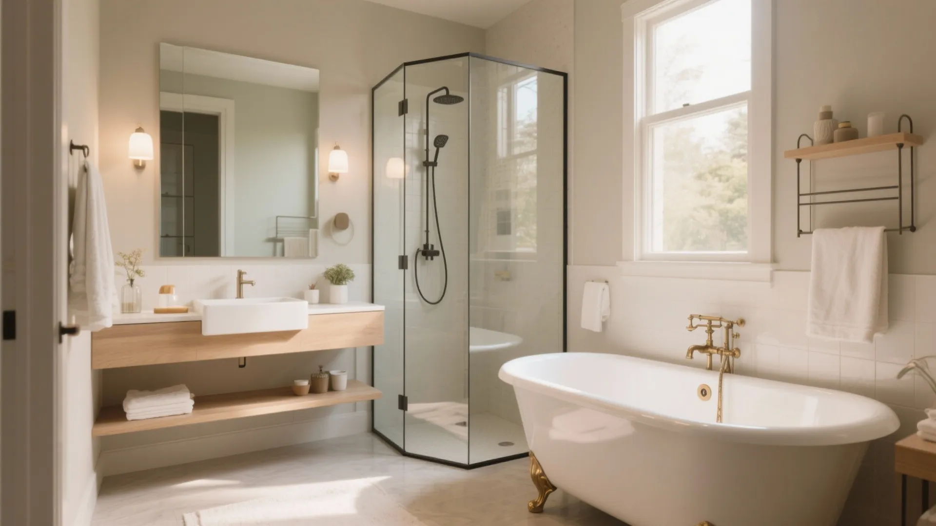 Master bathroom featuring white bathtub glass shower box wooden vanity sink and bright natural light