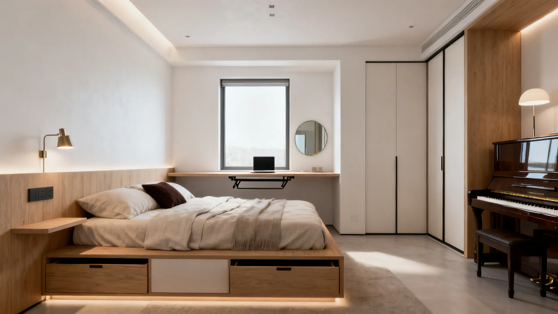 Minimalist bedroom design with wooden storage bed and long desk under window featuring a piano