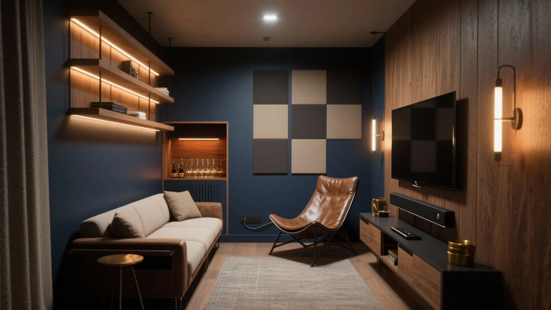 Small modern media room with blue walls wood paneling television leather chair sofa and lights