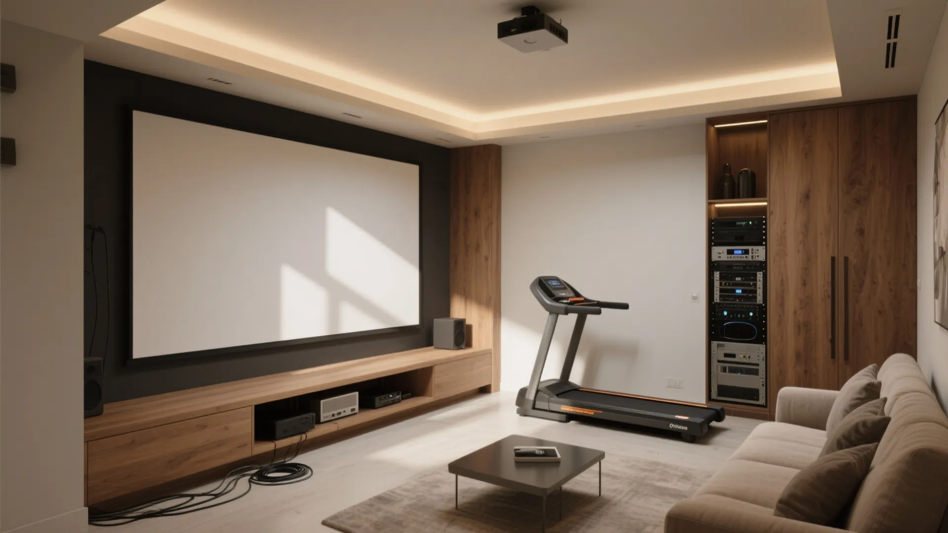 Modern home theater with large projector screen wooden cabinet treadmill comfortable sofa and recessed lights