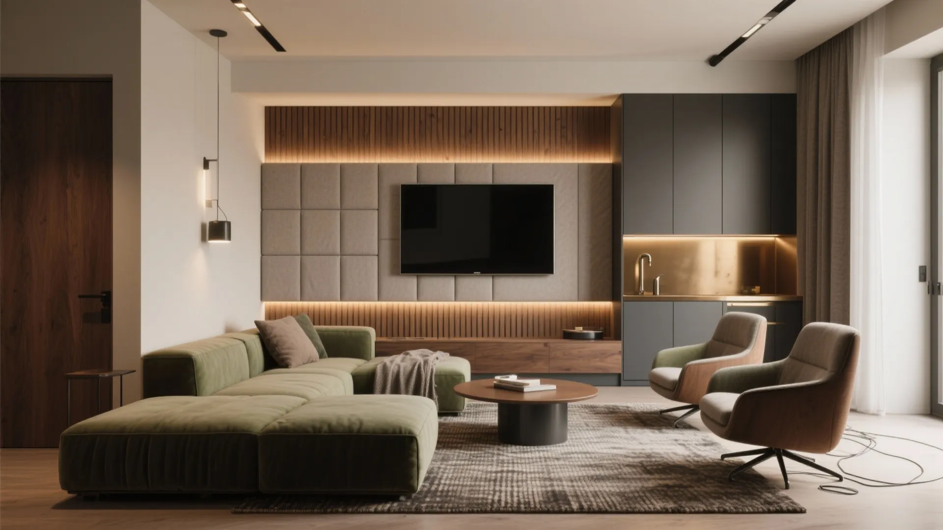 Modern living room with green sofa wooden wall panels television and a small dark kitchen