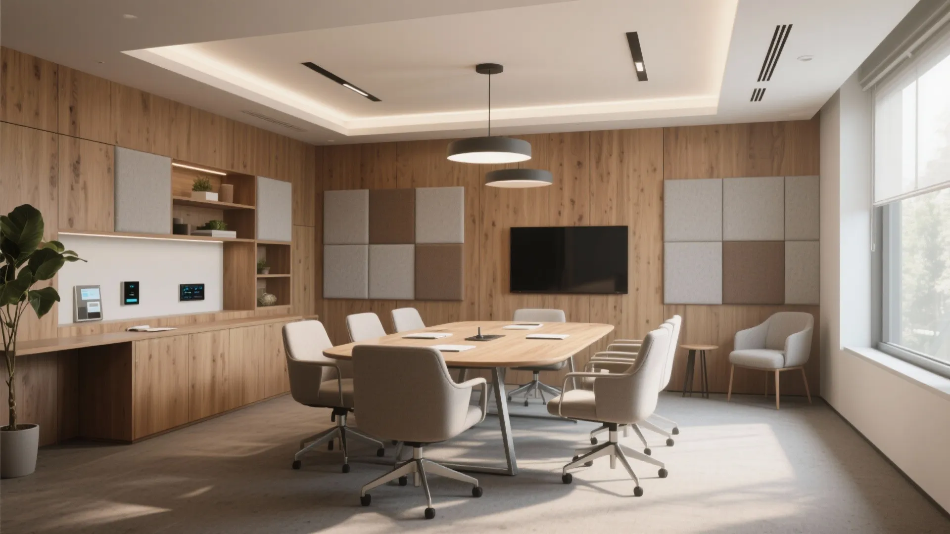 Warm meeting room design featuring wood wall panels two ceiling lights and light grey chairs
