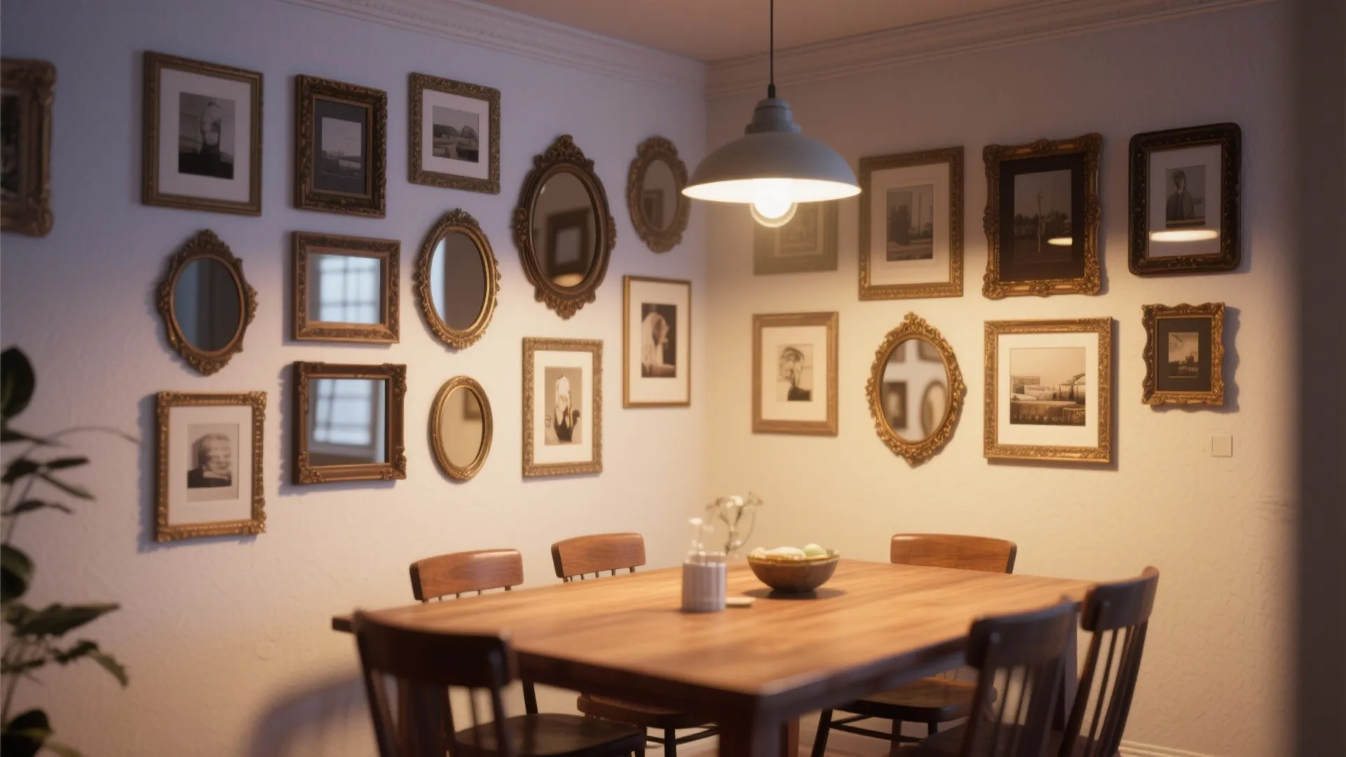 Gallery wall with many small mirrors and framed pictures above wooden dining table with chairs and light