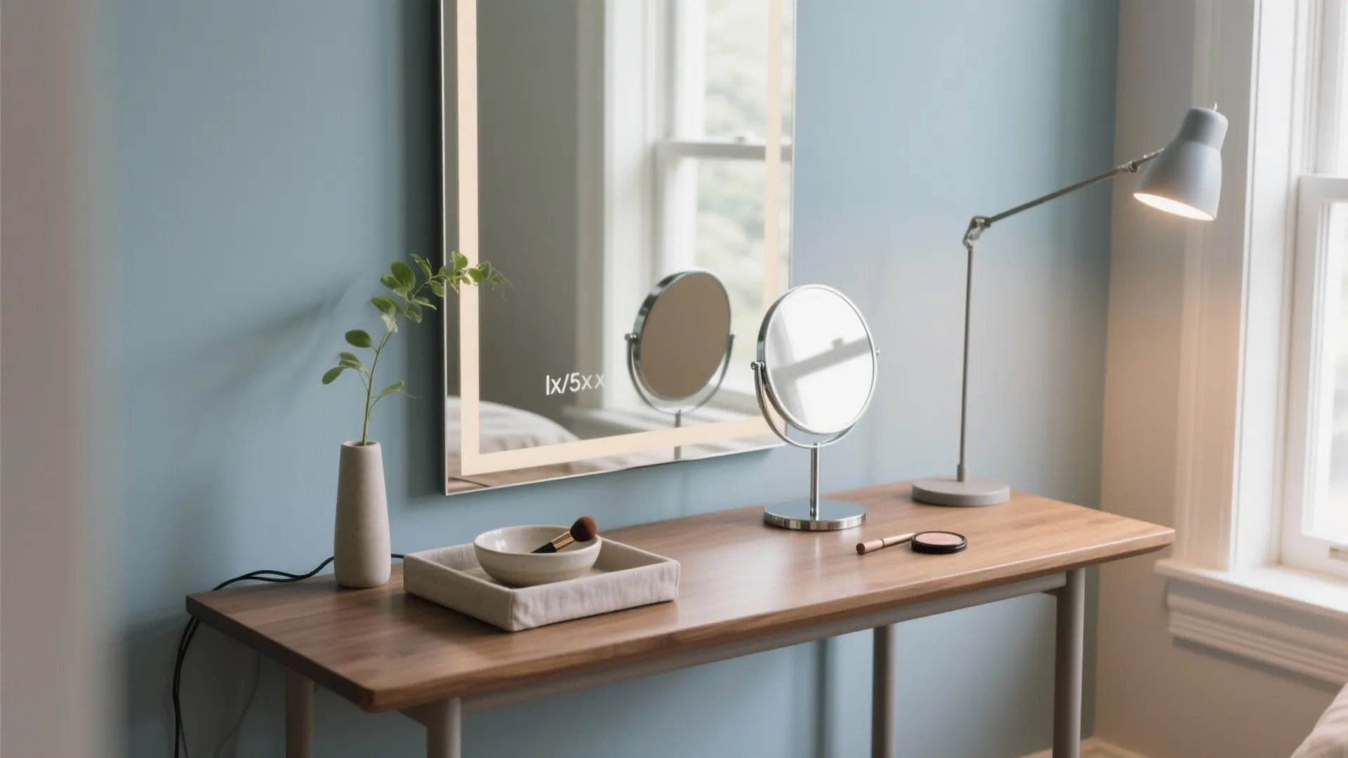 Modern vanity table with wooden surface featuring a lighted mirror makeup brush and desk lamp