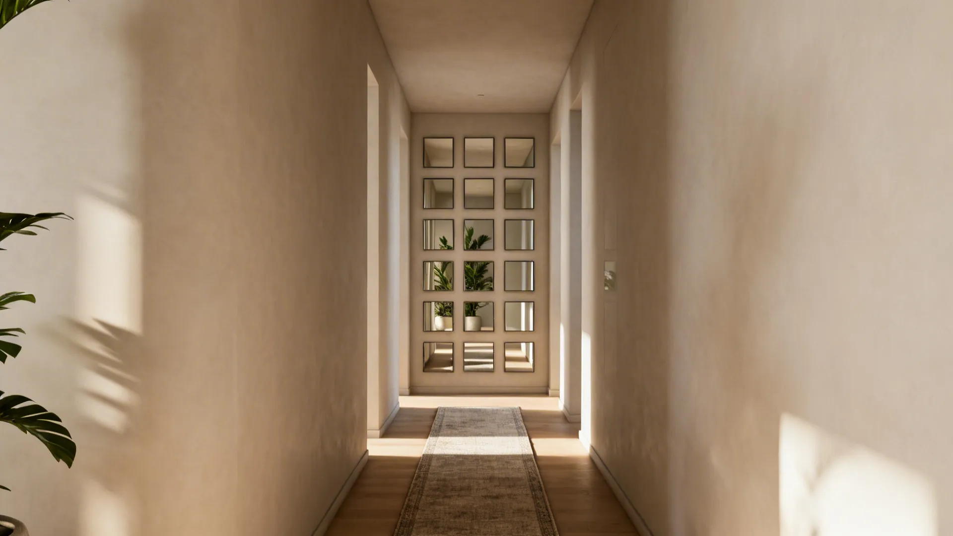 Narrow hallway with beige walls a long floor rug and a grid of small square mirrors