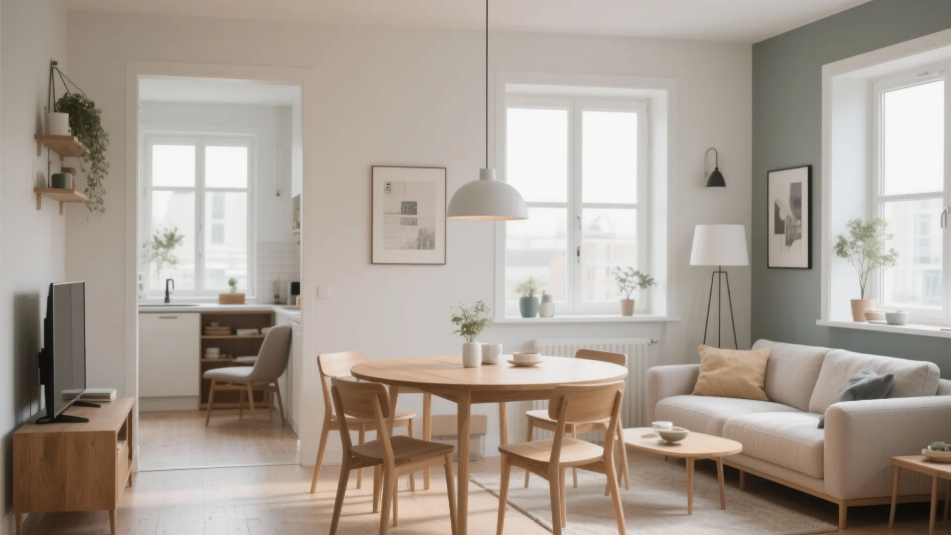 Bright open plan living room with round wooden dining table white sofa green wall and windows