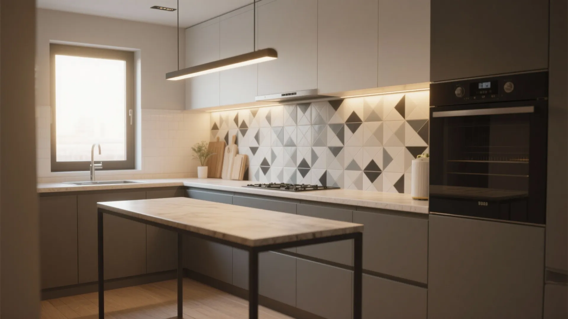 Modern kitchen with grey cabinets, geometric pattern tile backsplash, black oven, and long ceiling light