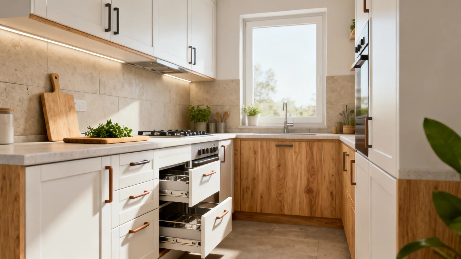 Modern kitchen with white and wood cabinets featuring open drawers for storage and bright window