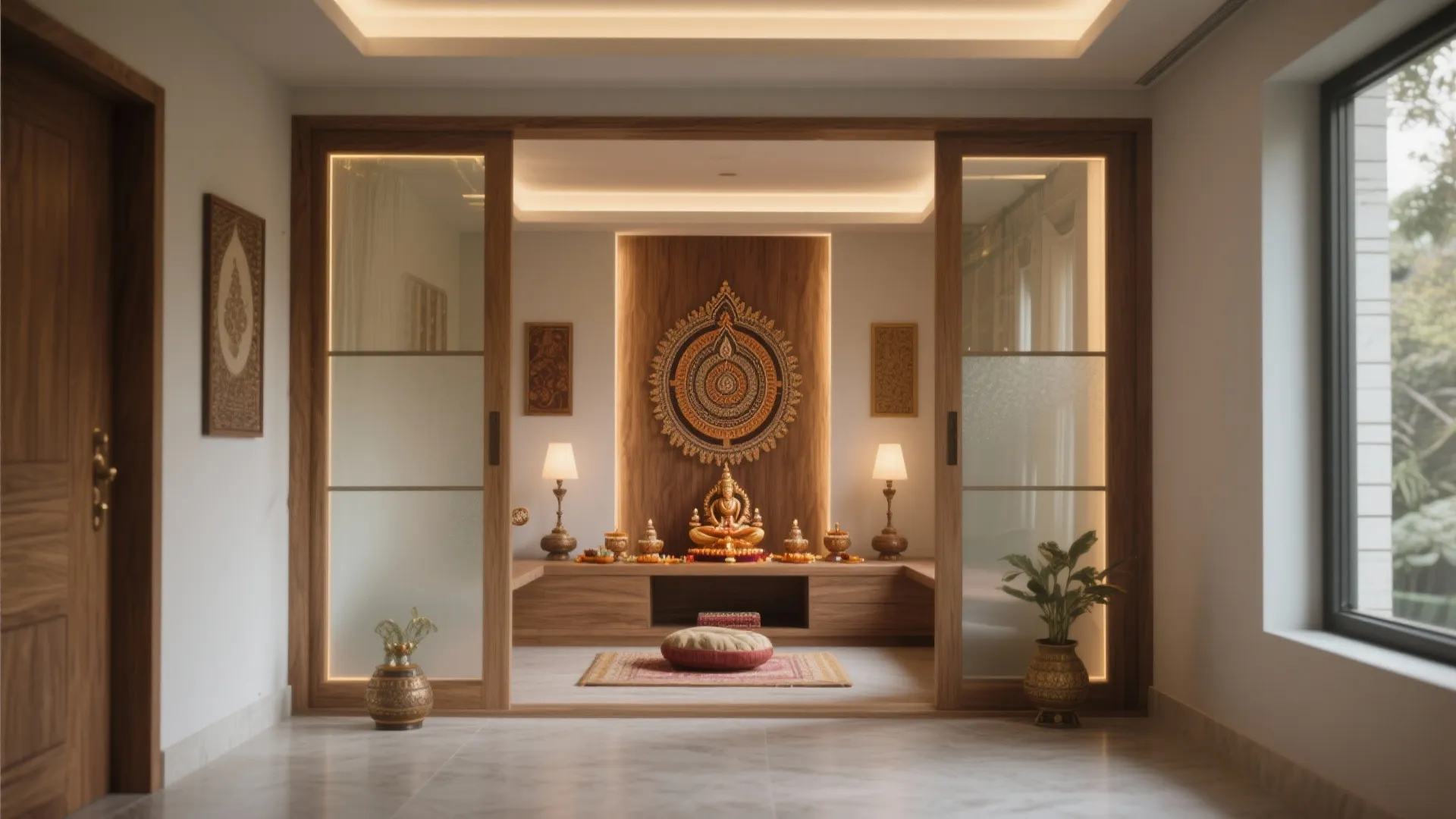 Small prayer room with sliding glass doors wooden wall panels gold statue and soft indoor lighting