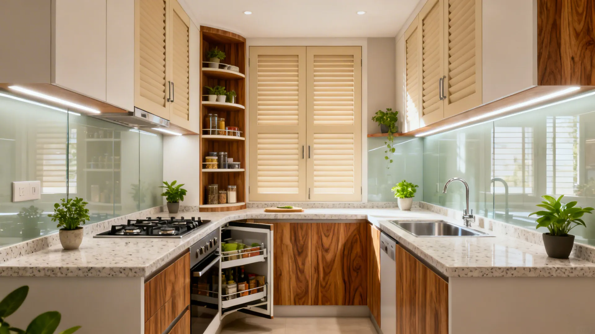 Optimized 65-sq-ft L-shaped modular kitchen with corner carousel and tall pantry pull-out.
