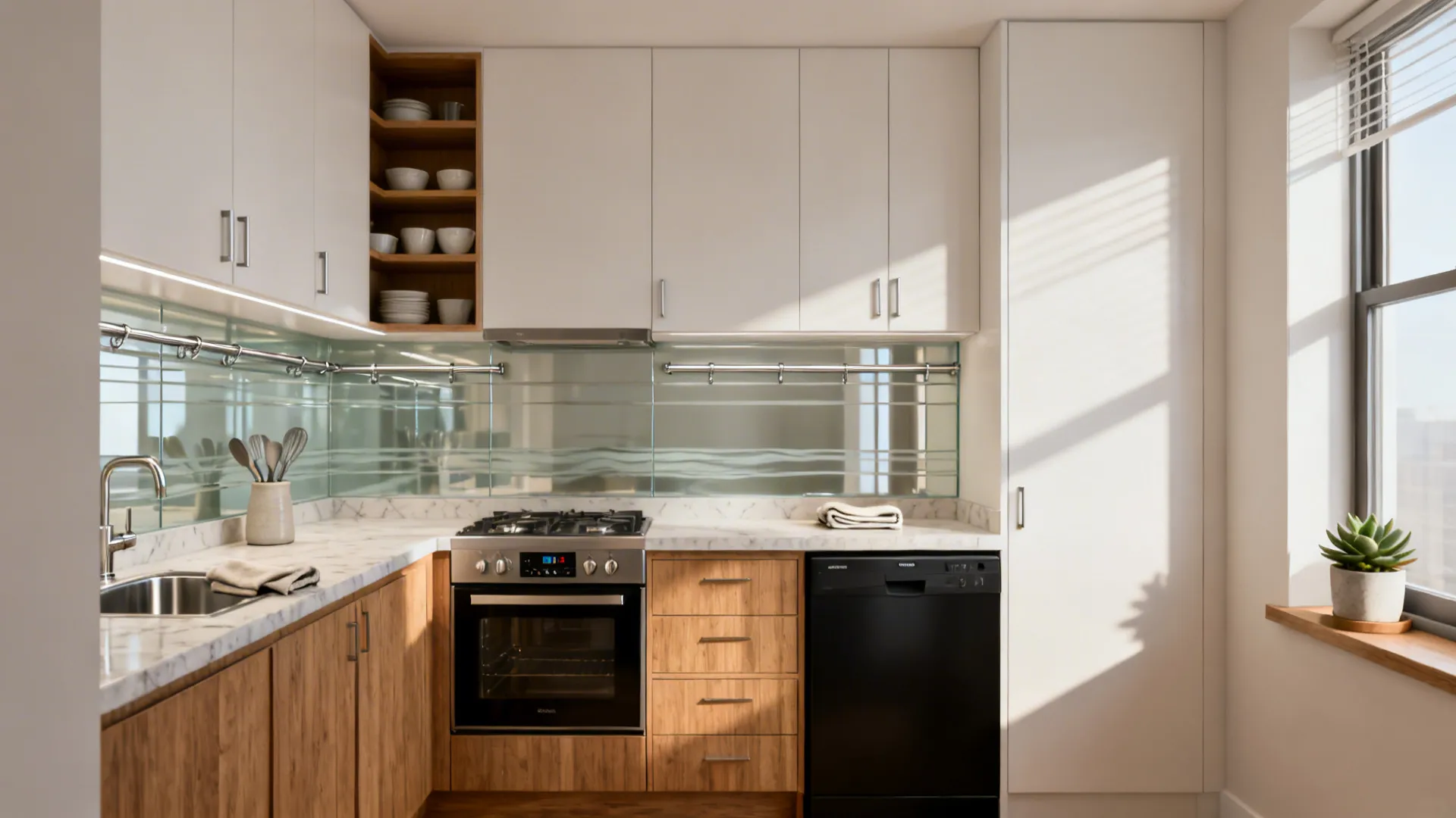 Small kitchen with wood cabinets white upper units sink oven black dishwasher and marble tiles