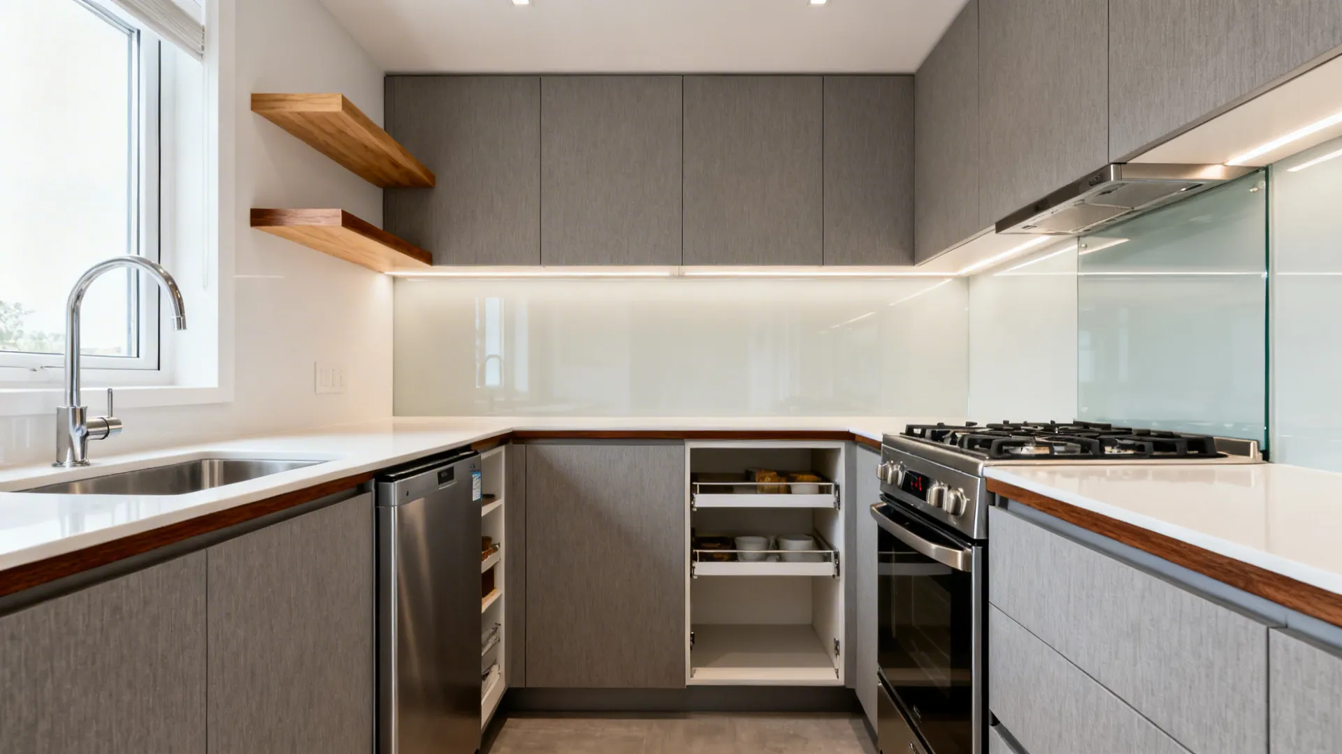 Modern kitchen with grey cabinets white countertop stainless sink gas stove and floating wooden shelves