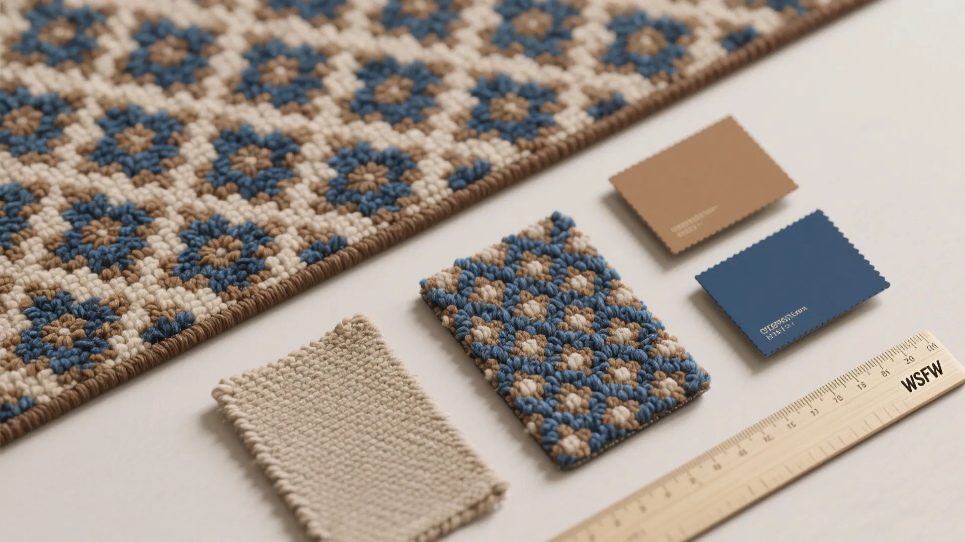 Top-down flatlay of blue-and-brown rug swatches and color chips showing small-scale motifs and texture.