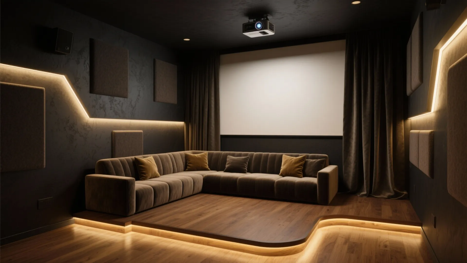 Modern home theater room with brown sofa large movie screen ceiling projector and warm wall light