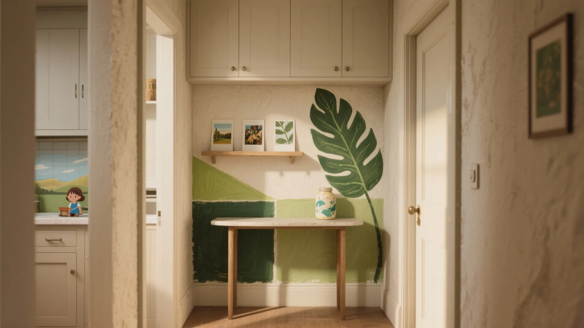 Hallway area featuring green leaf wall art white cabinets small wooden table and framed prints