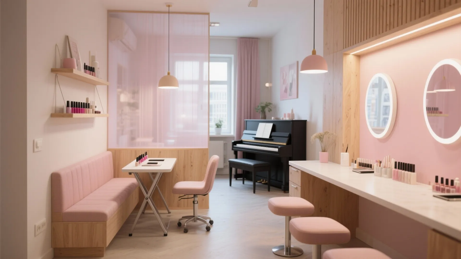 Pink nail salon interior with wooden panels, manicure table, chairs, round mirrors, and black piano