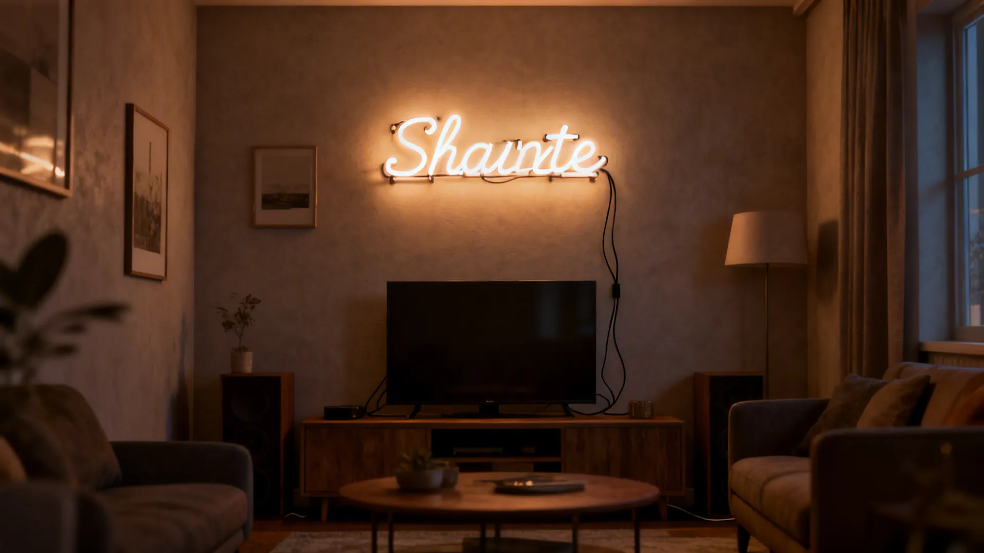 Small neon-style LED word mounted above eye level, scaled to a tiny living room.