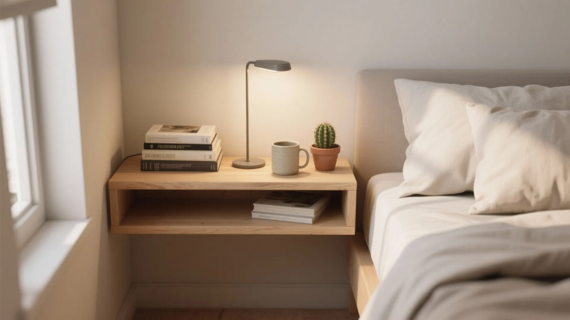 Modern wooden floating nightstand with desk lamp, stack of books, coffee cup, and small cactus
