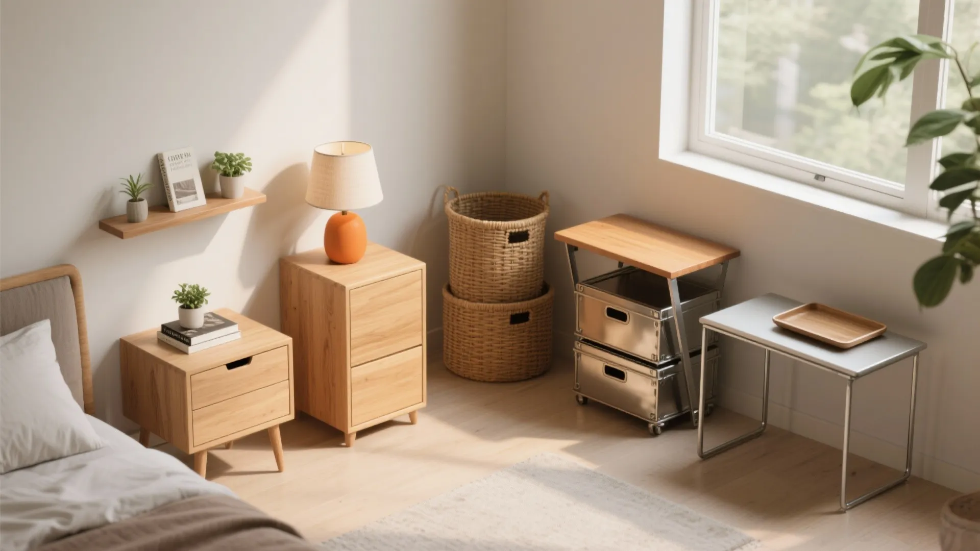 Bright bedroom corner featuring wooden nightstands woven baskets metal storage units and a table lamp