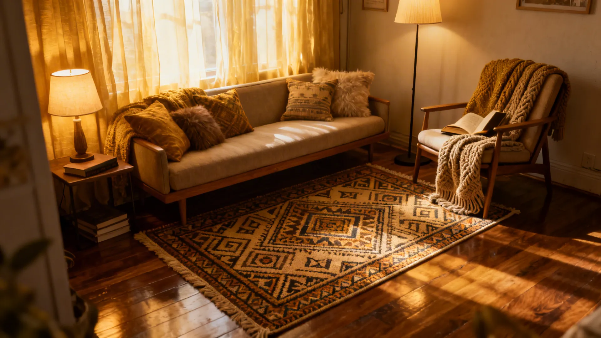 Compact reading nook with a small rug defining the space, a slim sofa and a chair under warm light.