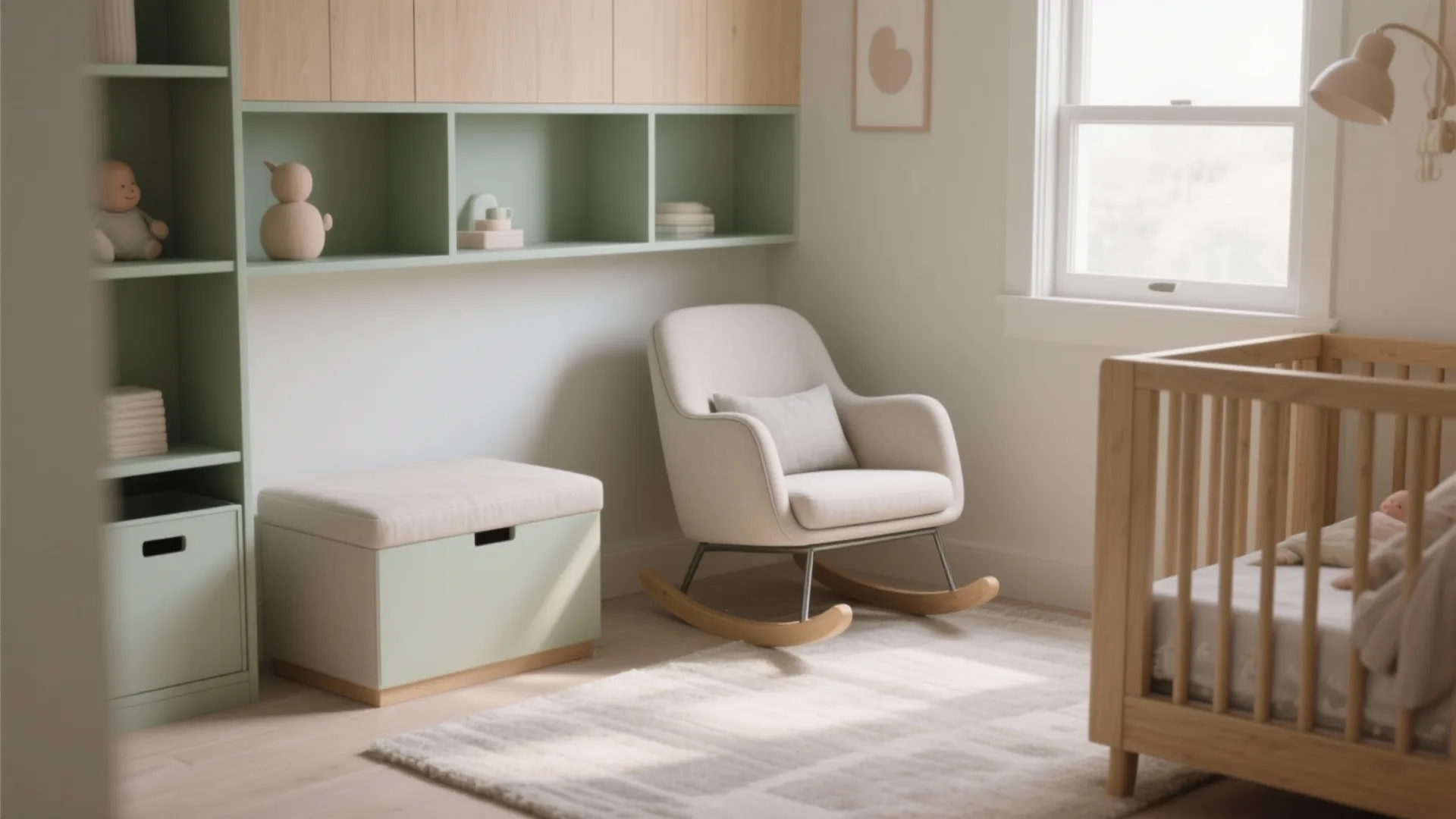 Modern nursery with white rocking chair green wall cabinets wooden baby bed and soft rug