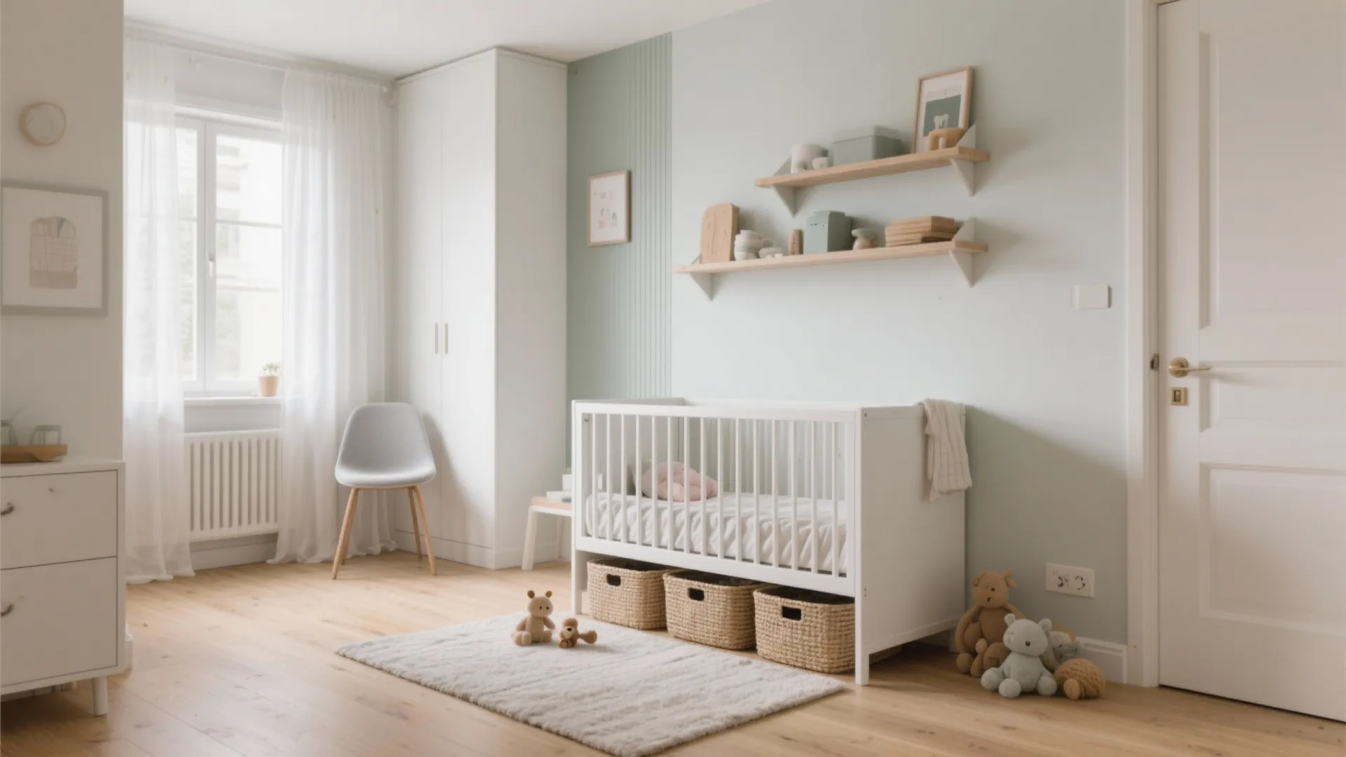 Minimalist nursery room with white crib wooden flooring light green wall and window with curtains
