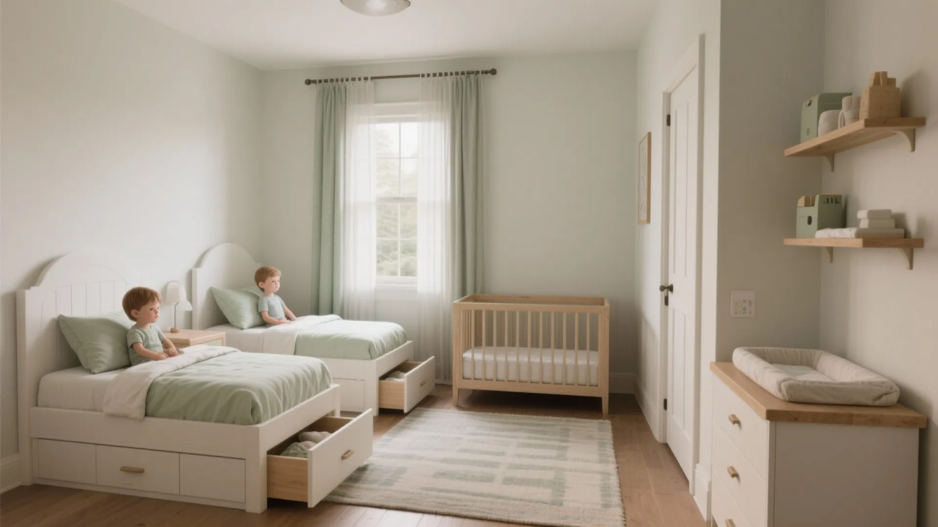 Nursery room with two white beds wooden crib green curtains window and wooden wall shelves